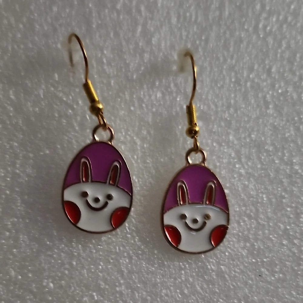 Hand Crafted Purple and White Bunny Face Drop Earrings